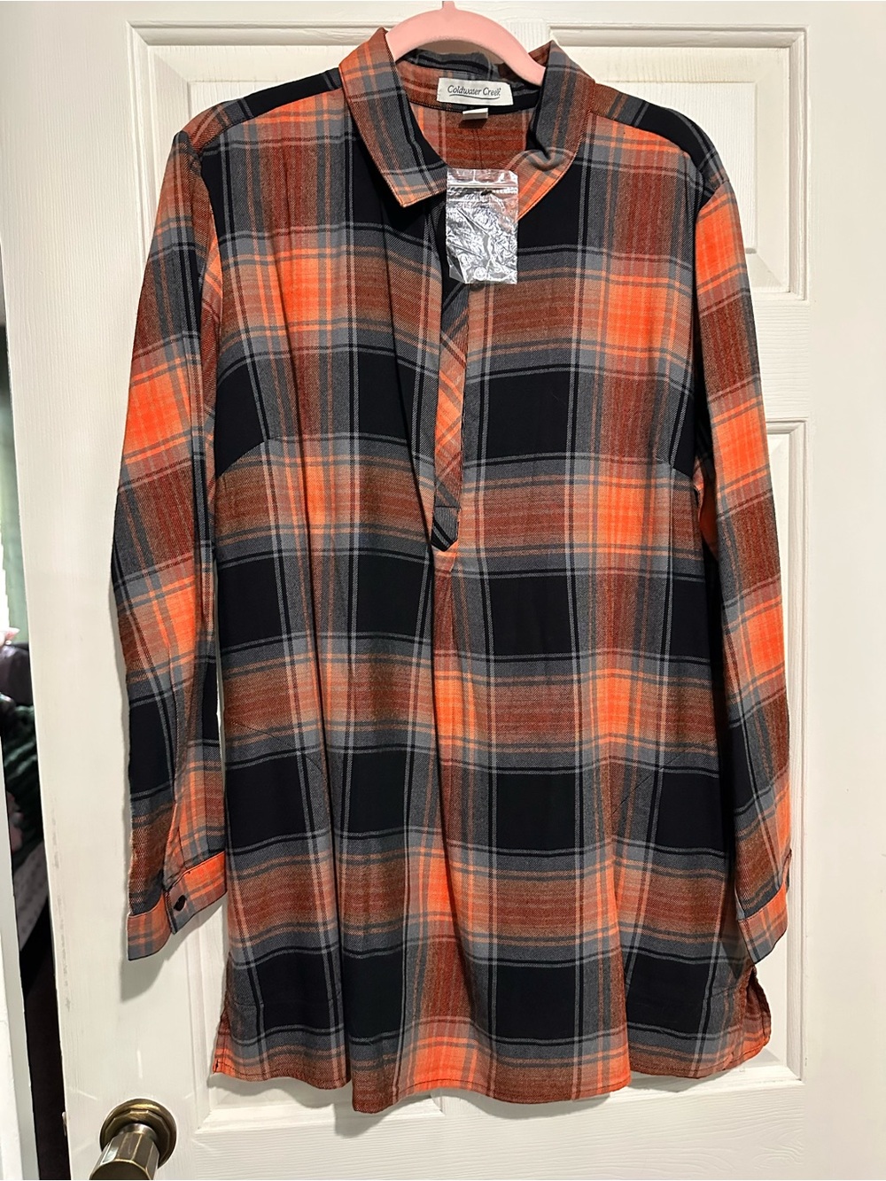 Women’s Collared Partial Button-Down Plaid tunic Shirt — Orange & Black